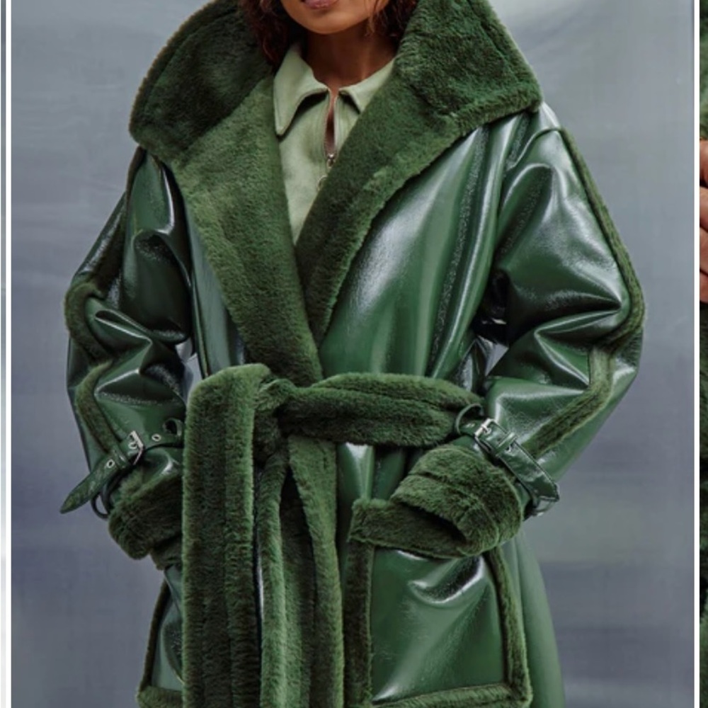 Olive Faux Shearling Trench Coat by Fashion Nova - Picture 2 of 4